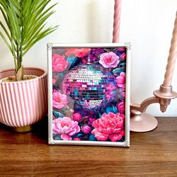 Pink Floral Disco Ball Mirror Ball Moody Canvas Art Print Silver Framed Wall Art