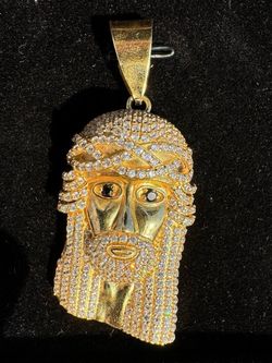 14k solid yellow gold Jesus CZ stones diamond cut, onyx gems 1.36CTW Pendant charm