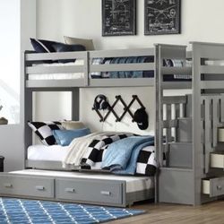 Bunk Bed  Gray Twin/Twin With Storage And Stairs Case & Trundle