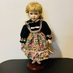 Vintage Porcelain 15” Doll Blonde Hair with Floral Dress and Wooden Stand No Socks No Shoes