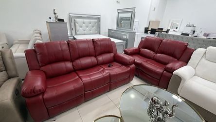 Red Leather Reclining Sofa and Loveseat Set