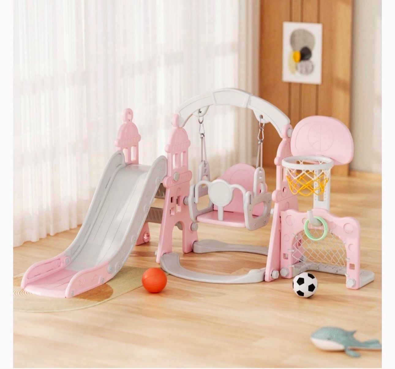 YUFU 5-in-1 Toddler Swing and Slide Set, Kids Slide with Climber, Swing, Basketball Hoop, Soccer Goal, Indoor Outdoor Playset for Toddlers Age 1-3 (5-