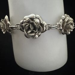 Vintage Danecraft Sterling Silver ~17MM Wide Flower Link Bracelet 7.75" 