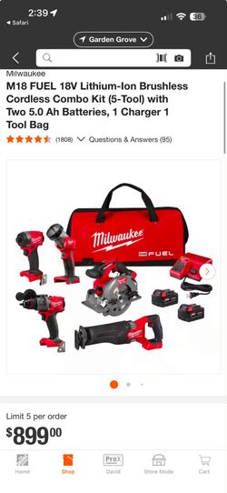 M18 FUEL 18V Lithium-Ion Brushless Cordless Combo Kit (5-Tool) with Two 5.0 Ah Batteries, 1 Charger 1 Tool Bag