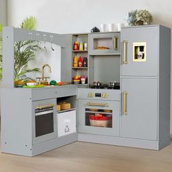 Corner Play Kitchen for Kids, Wooden Pretend Toy Kitchen, Large Toodler Cooking Playset w/Refrigerator, Stove w/Light & Sound, Disinfection