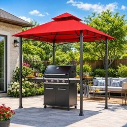 Costway 8 x 5 Ft Outdoor BBQ Grill Gazebo Canopy Tent - Double-Tier Vented Roof, Powder-Coated Steel Frame, 2 Side Shelves, 5 Hooks & Built-In Bottle 