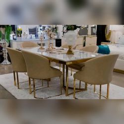 Luxury white faux marble beautiful 7 pc diningroom table set