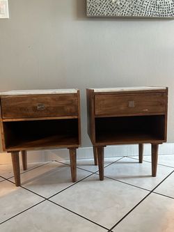 Pair of Wood Nightstands with Marble Top