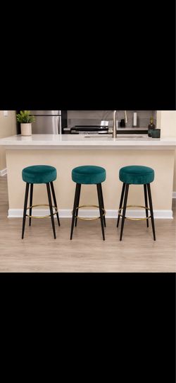 Set of 3 Modern Velvet Bar Stools – Teal/Green with Gold Footrests