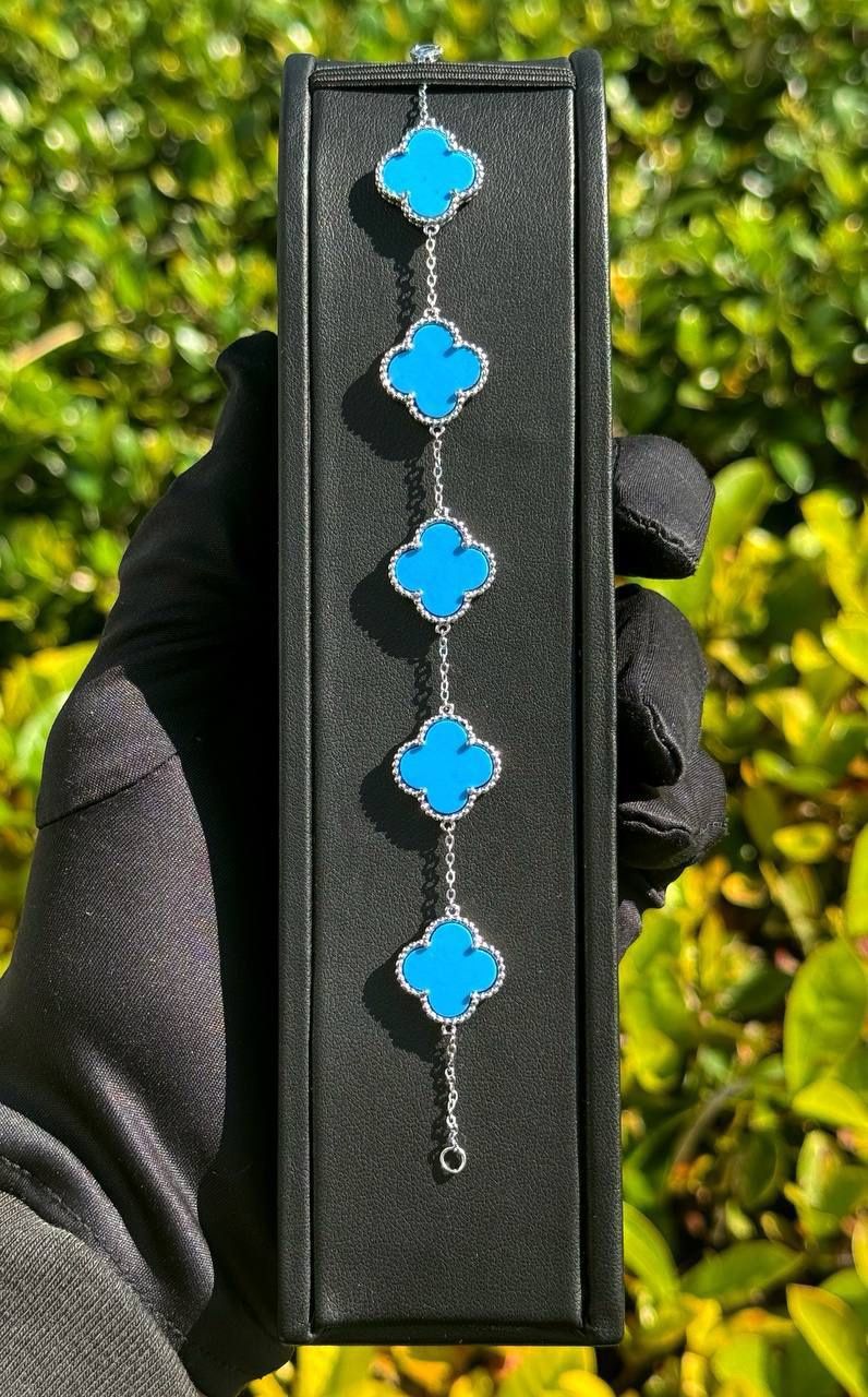 Jewelry 925 sterling silver Tiffany Van cleef style 5 motifs clover shape stone bracelet