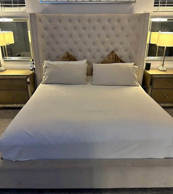 Bed frame with high headboard Beige color King Queen sizes