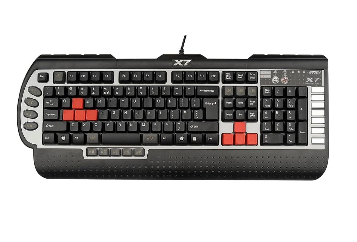 A4tech X7 G800V Wired Silent Gaming Keyboard with Wide Palm Rest - Quiet for pc Gaming - one Handed Macro Access - Non RGB Mechanical