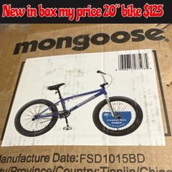 New in box 20” mongoose bike $125 Firm no lower Cash only East Palmdale  off 47th &R8 Address will be provide when ready to come i do not deliver pick