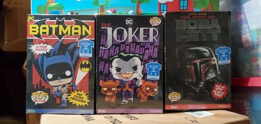 3x Funko Pop! Tees XS Lot Batman Joker Boba Fett Boxed Shirts DC Star Wars New
