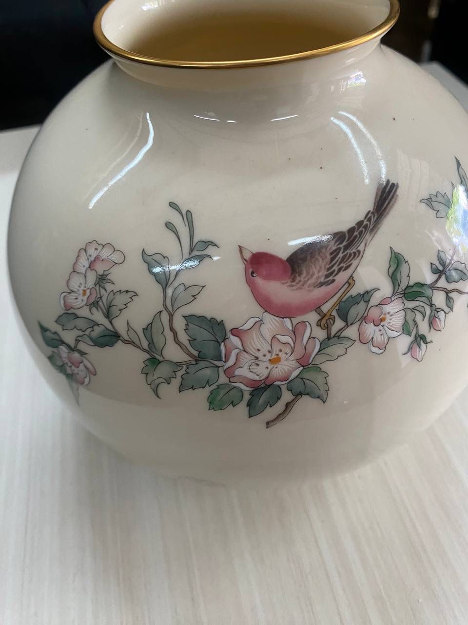 Lenox Serenade Fine China Large Globe Vase 7-1/2" H Floral Birds 24K Gold Trim