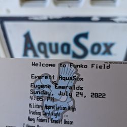 2 Aquasox Ticket Sunday 7-24 $15 Value For $10