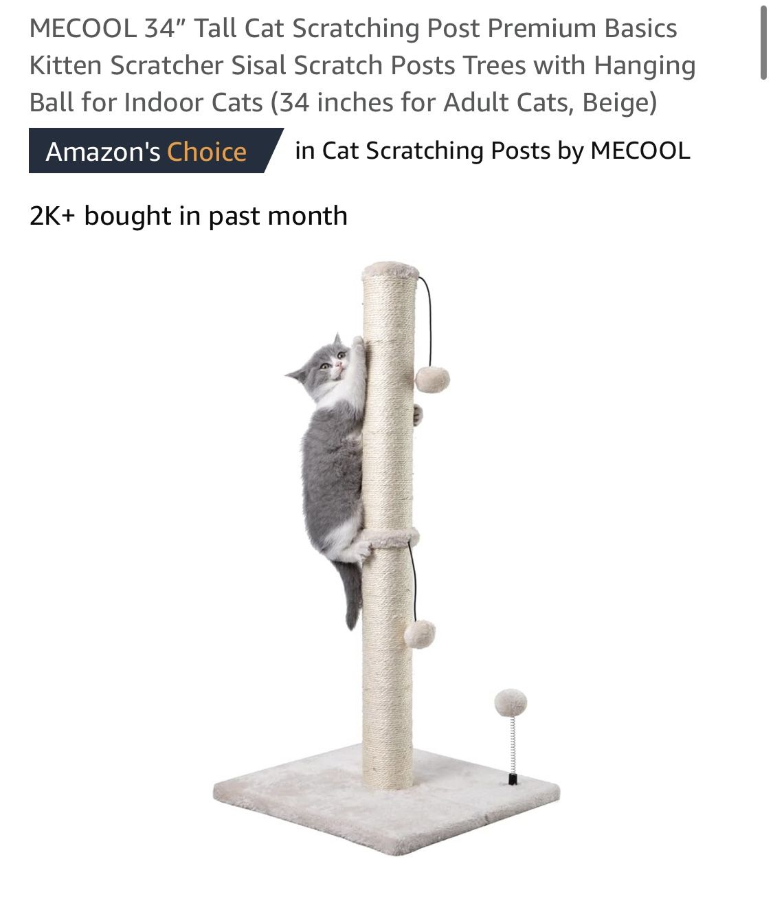 MECOOL 34” Tall Cat Scratching Post Premium Basics Kitten Scratcher Sisal Scratch Posts Trees with Hanging Ball for Indoor Cats (34 inches for Adult C