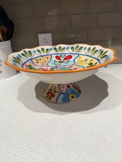 Hand painted floral ceramic pedestal centerpiece bowl -6.5 inches tall and 14 inch diameter