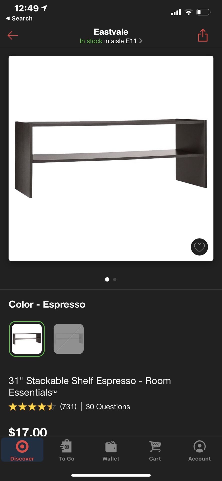31 inch stackable south espresso will essentials Currently and Retails for $17.00