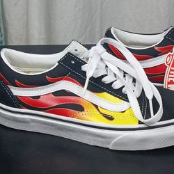 Vans Off The Wall Lo Red Yellow Flames Black Shoes Boys 4 Womens 5.5 Sneakers