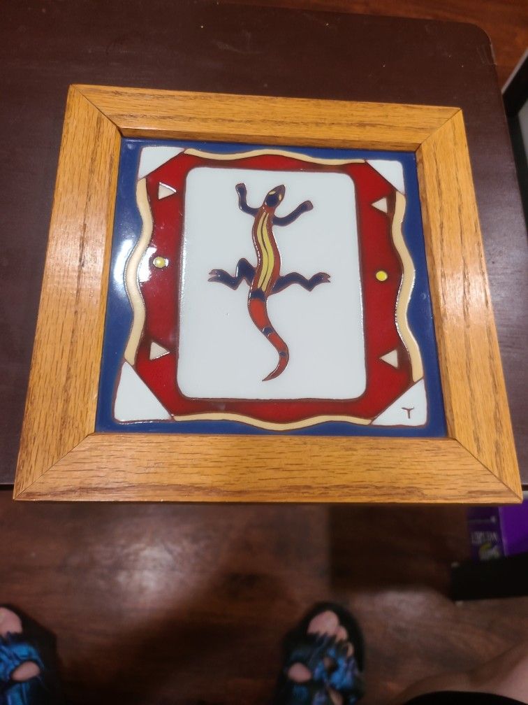 Jordan Thrall Studios Tile Trivet 1993 Signed Limited-04/100 
8"x8" 
"SALAMANDER"
Hill country art tile.