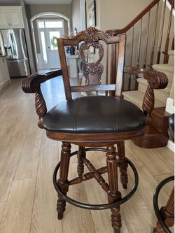 3 Ornate Carved Wood Swivel Bar Stools