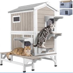 2-Story Outdoor Cat Shelter for 2-3 Cats with Feeding Station