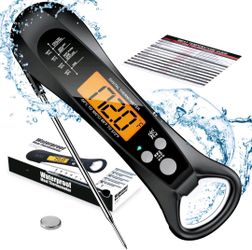 Waterproof Digital Instant-Read Meat Thermometer features a foldable stainless steel probe, a bright orange backlit LCD screen, and a convenient built