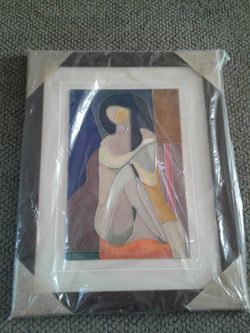 Sitting Woman Ceramic Glazed Pottery Art Picture in Wooden Frame