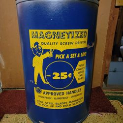 Vintage 50s 60s "Magnitized Quality Screwdrivers"Large Metal 
 Drum Barrel w/Lid