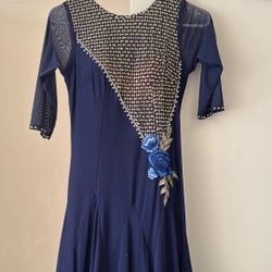 Blue Sequin Ballroom Dress With Flower Embroidery