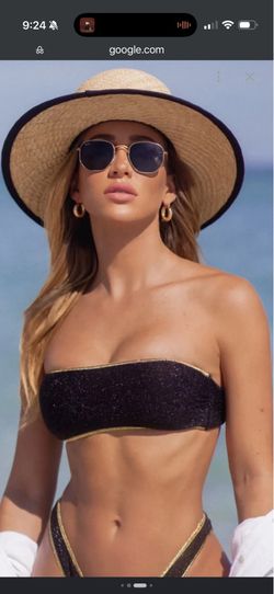 Luli Fama Stardust Bandeau Bikini Top in Black with Gold Trim - Size M