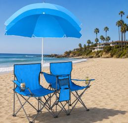 Double folding camping chairs with umbrella, with fold up beverage holder mini cooler
