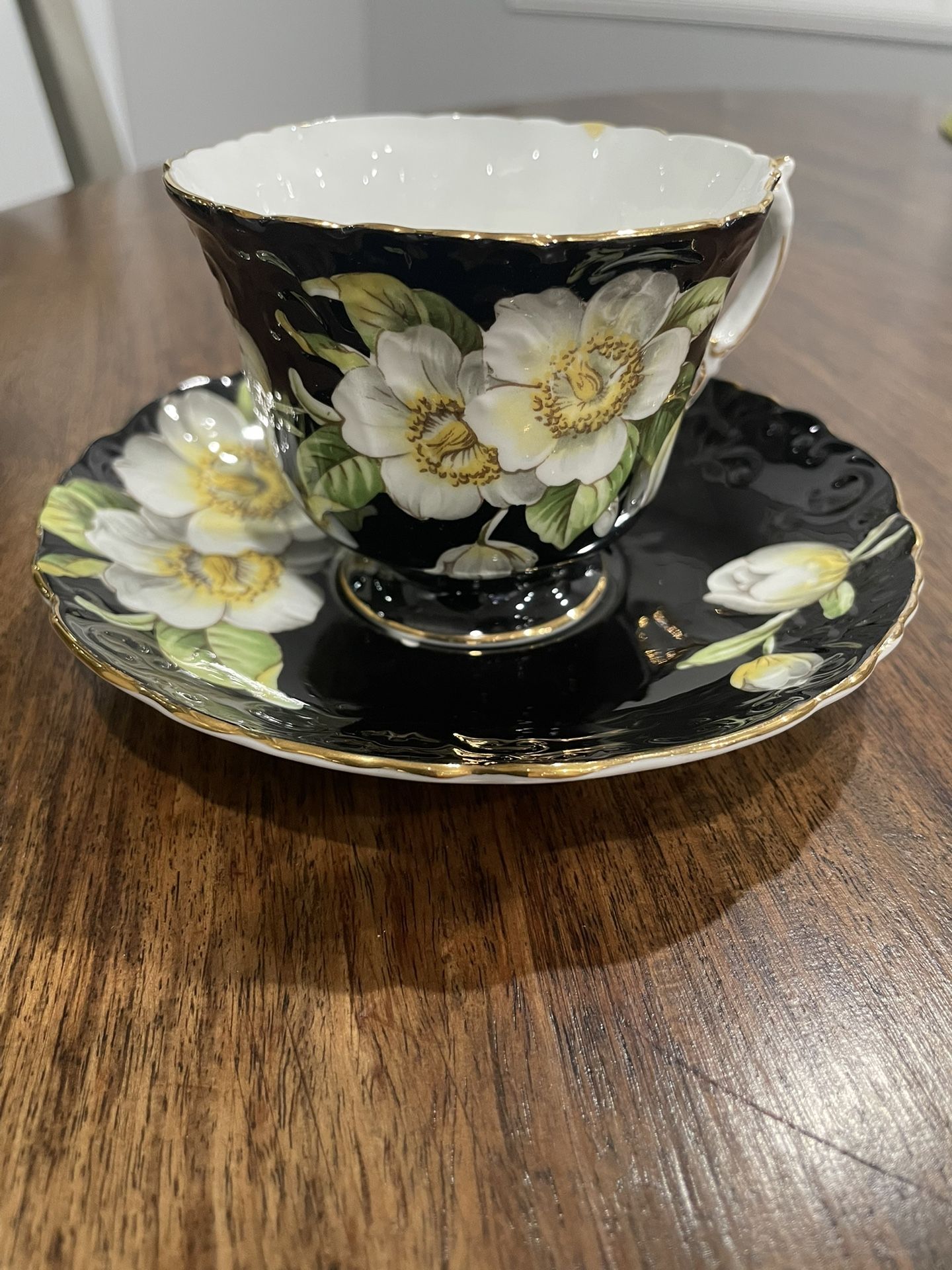 Aynsley Footed Cup & Saucer Set Black Dogwood Bone China England 1930s