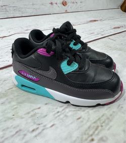 Nike Air Max 90 Leather Shoes Unisex Baby Kids Toddler Size 9C Black Teal Purple