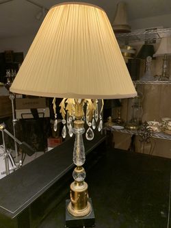 Ornate Antique Brass & Crystal Lamp