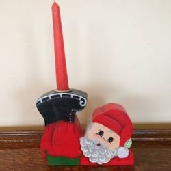 Hand Crafted Wood Santa Wearing Ice Skates Holding a Candle