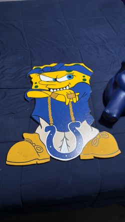 Colts mascot hat and a custom wood painting SpongeBob colts