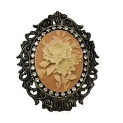 Vtg Style Flower Cameo Brooch Metal Filigree Carved Noblesse Collection 2003 New