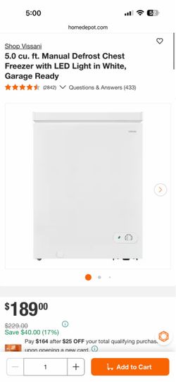 Shop Vissani 5.0 cu. ft. Manual Defrost Chest Freezer with LED Light in White, Garage Ready