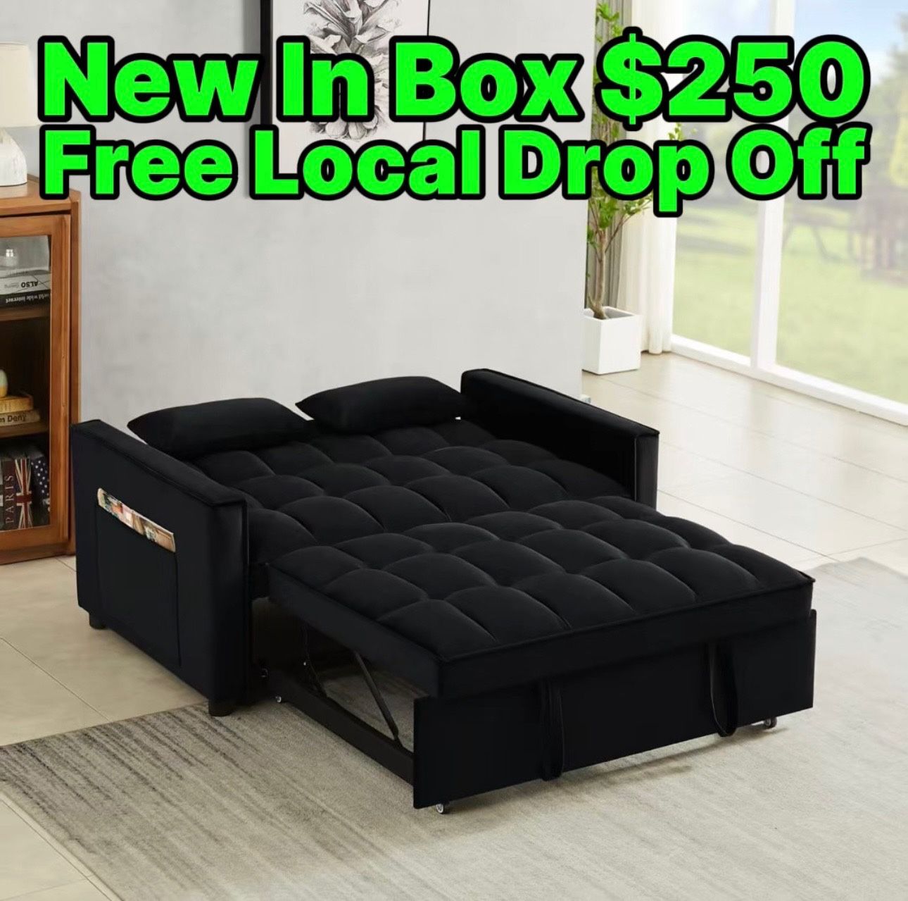 Sealed In Box Black Sofa Bed Couch ποΈ Pull Out Bed β
Side Pocket β
Adjustable Back β