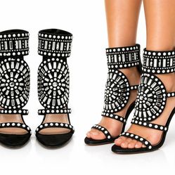 Black Rhinestone-Embellished Gladiator Stiletto Heels – Statement Sandals