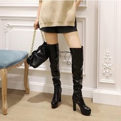 Women's Over The Knee Boots Leather PU Chunky Block Heel Sexy Fashion Dress Wedding High Heels Thigh High Boots Long Boot （Size:8.5-9）