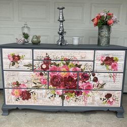 Grey Floral High End Oak Dresser 