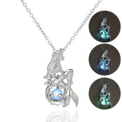 Brand New Glow in the dark Choker Mermaid Pendant Necklace with Luminous (Florescent) - Women Gift - Deep Blue color