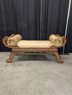 Ornate Carved Wood Chaise Lounge with Fringe Trim