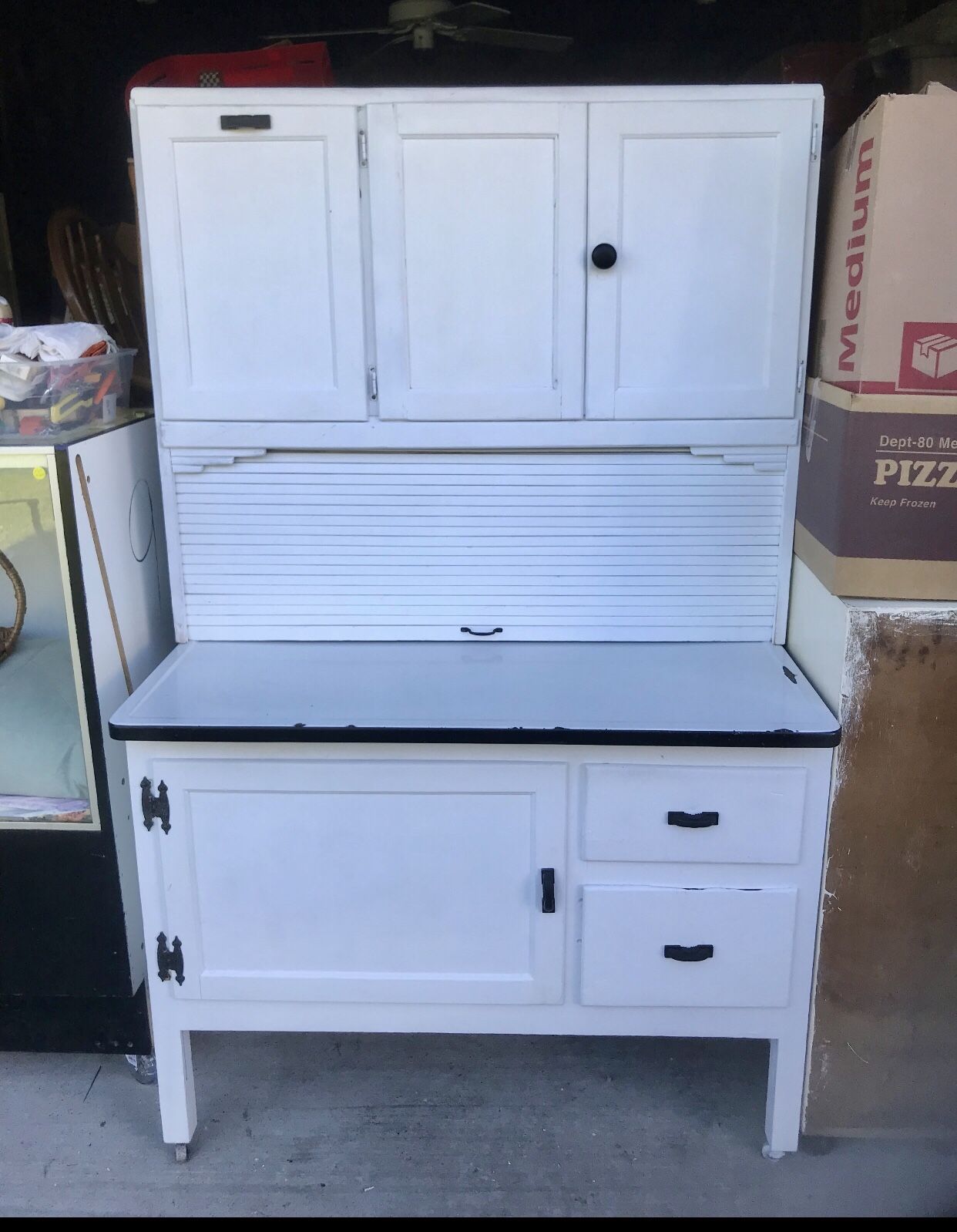 Vintage 1906 Hozier white cabinet with flower sifter made by marsh High Point North Carolina dimensions are 25 x 40 x 75