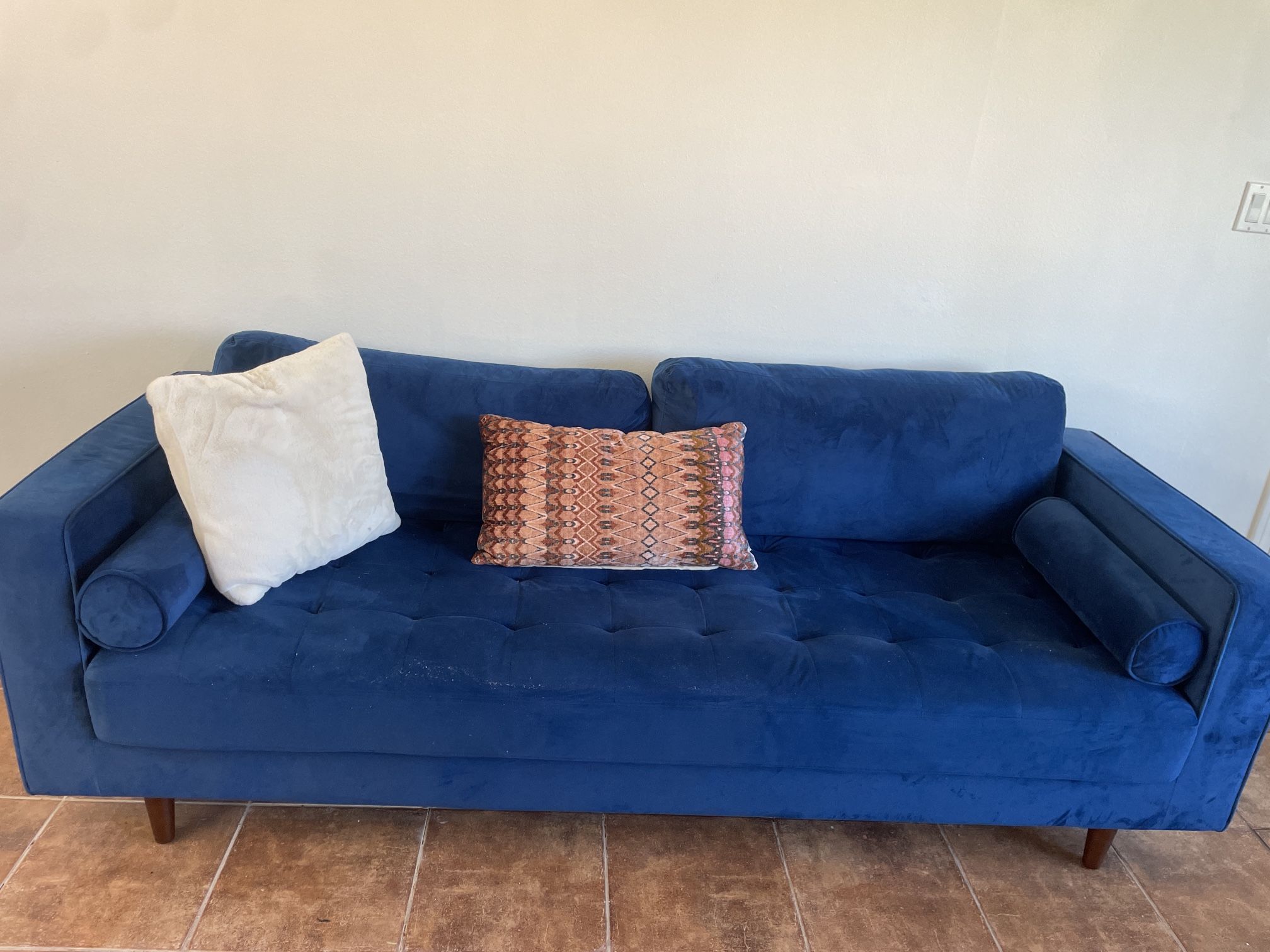 Beautiful Blue Velvet Mid Century Modern Couch