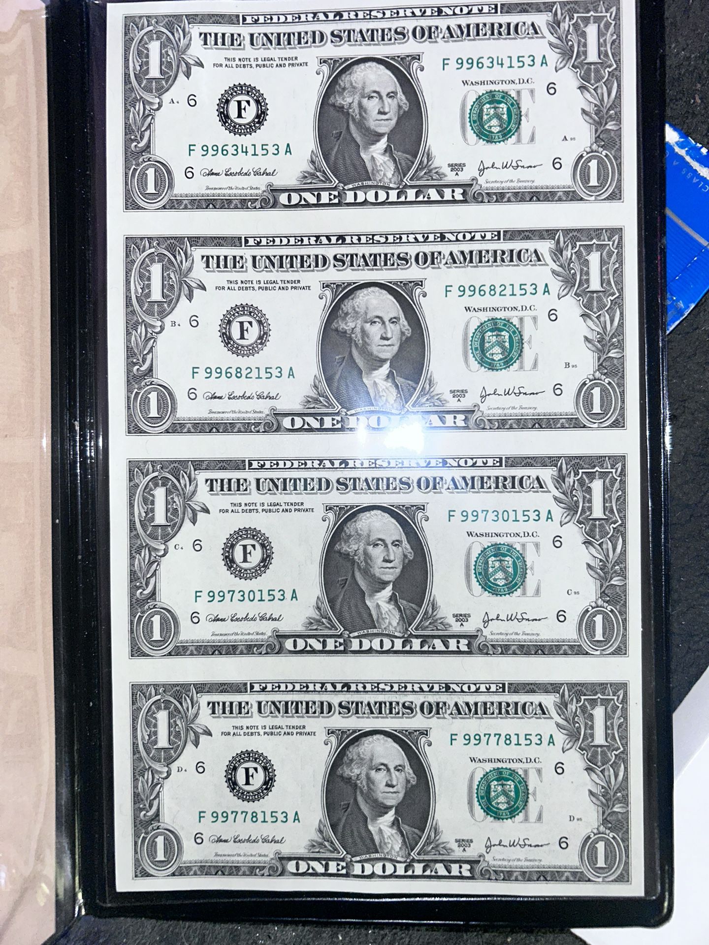 Vintage 2003 U.S. Dollar Bills Uncut Sheet Four (4) Series A, with Folder 