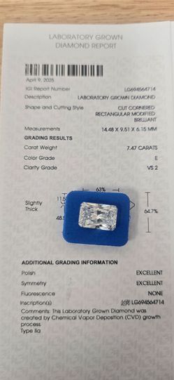 Rectangular 7.47 carat-Laboratory grown diamond (IGI)